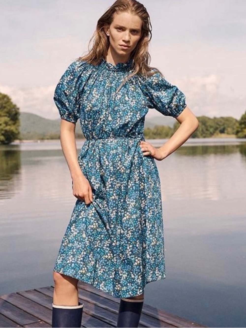J. CREW Smocked Neck Puff-Sleeve Midi Dress in Liberty® Sea Blossoms Blue Floral